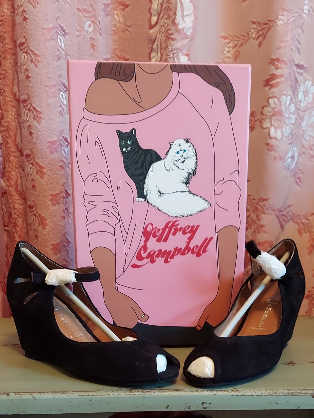 New Jeffrey Campbell  Black Nubuck Leather Peep-Toe 3" Wedges